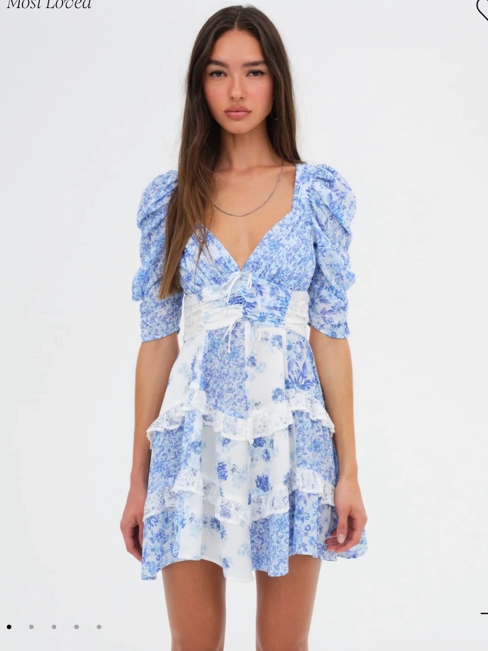 For Love & Lemons Blue and White Floral Puff-Sleeve Mini Dress